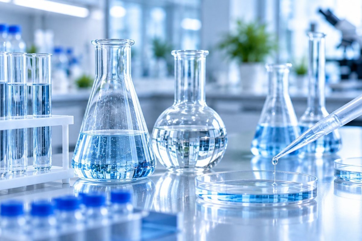 Clear laboratory glassware in cool blue light