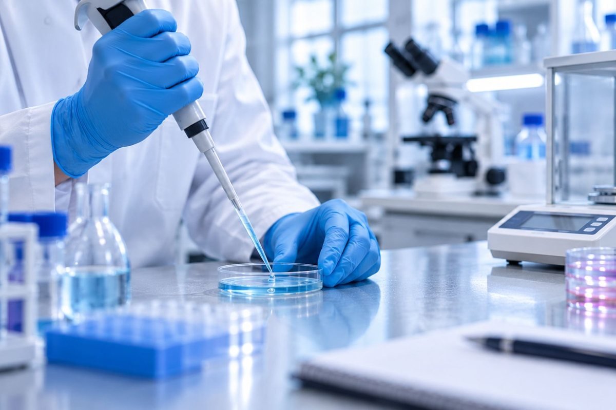 Gloved hands pipetting at a laboratory bench