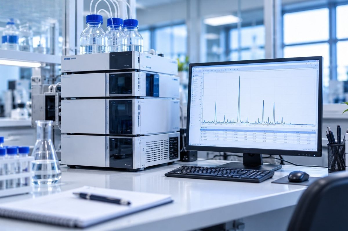 HPLC system with a chromatogram on the screen