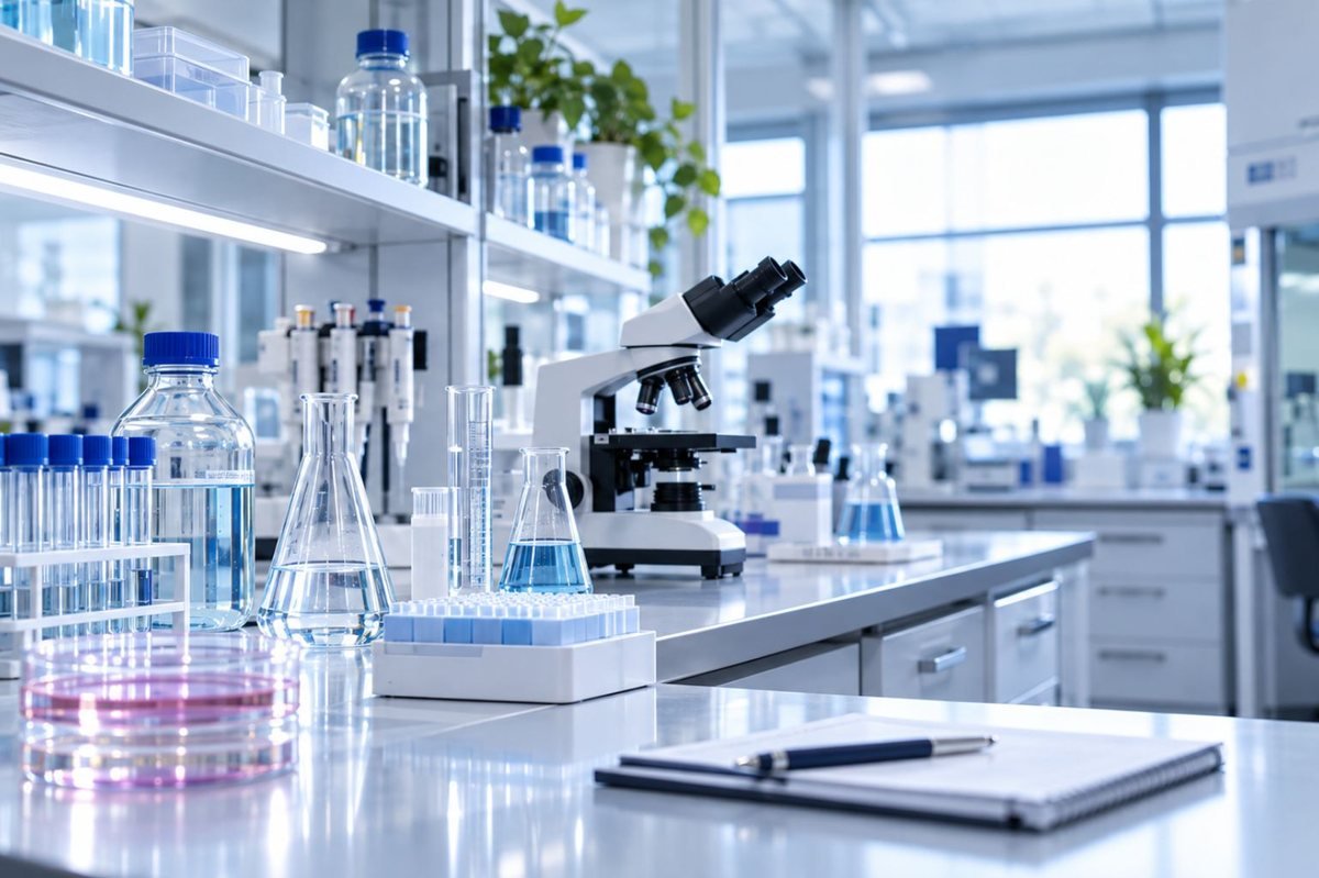 Laboratory bench with glassware and analytical equipment