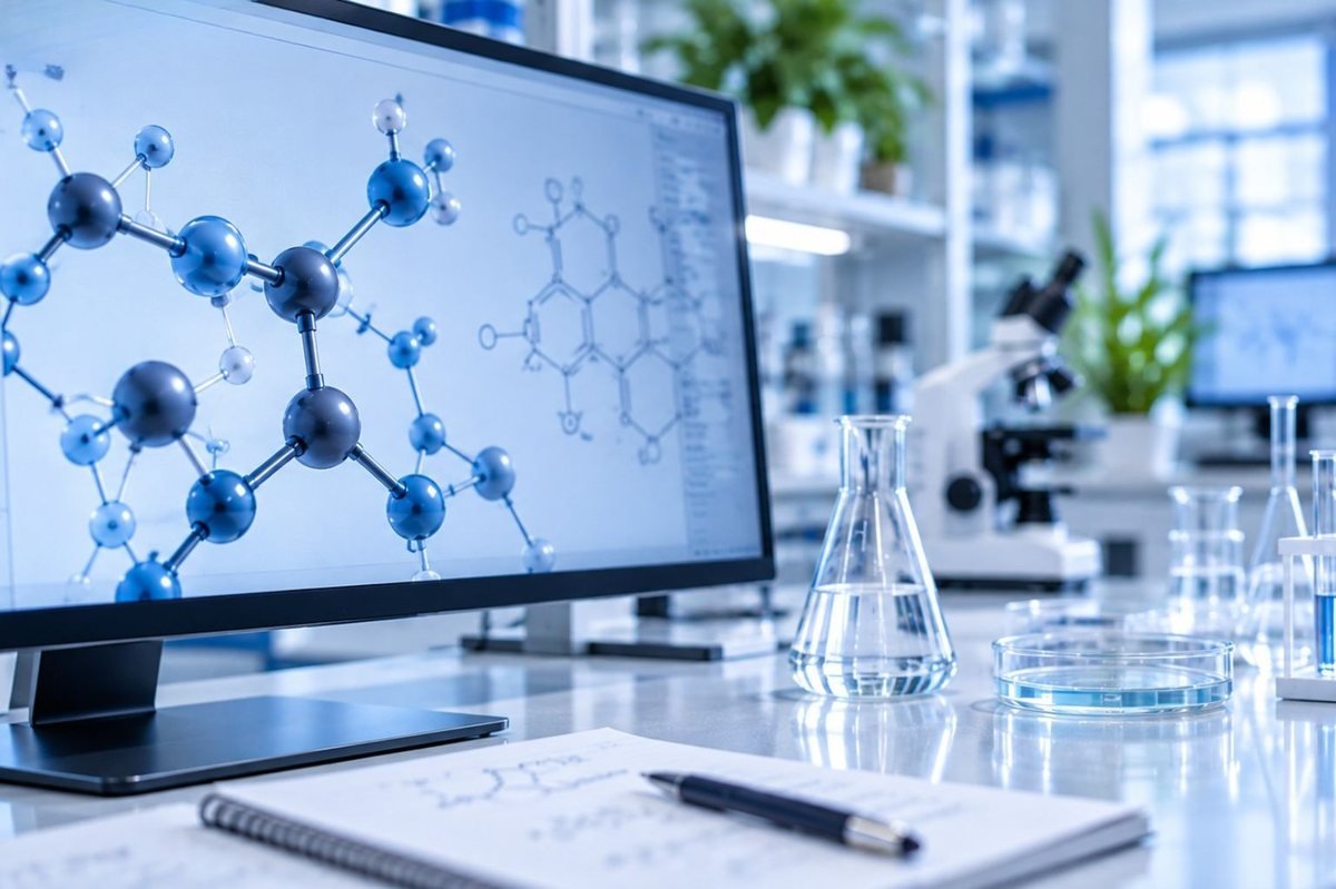 Molecular structure model on a laboratory screen